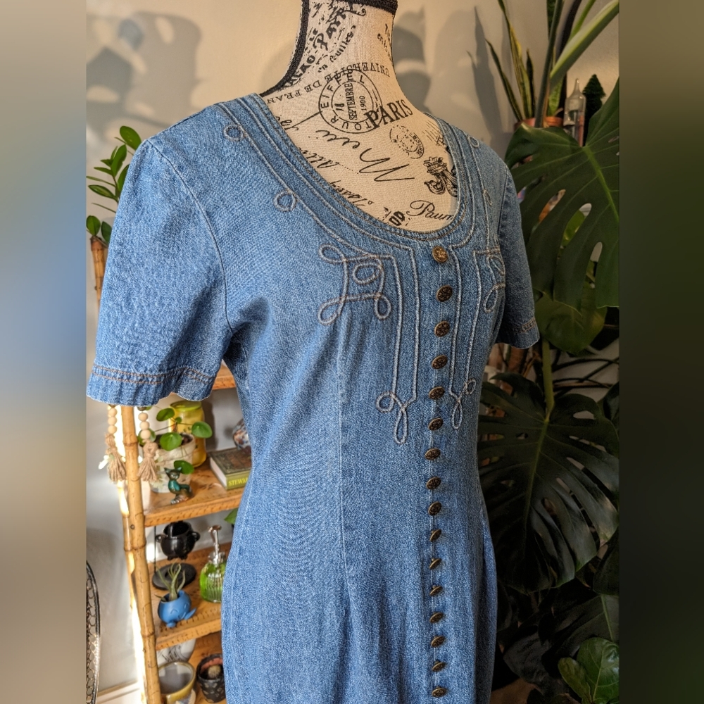 1990s Vintage Denim Women's Faux Button Up Dress Size 8 - Picture 3 of 10